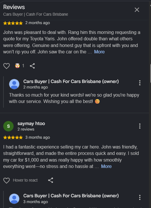 Five-star customer feedback image for Cars Buyer Brisbane