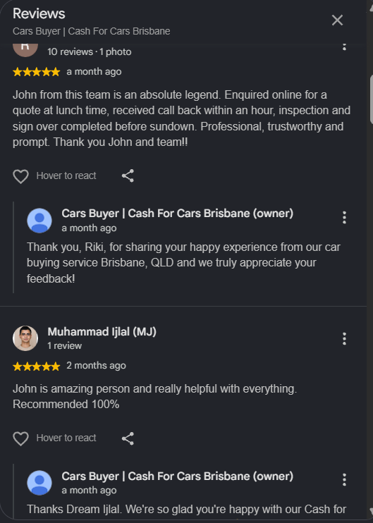 Positive customer feedback image for Cars Buyer Brisbane